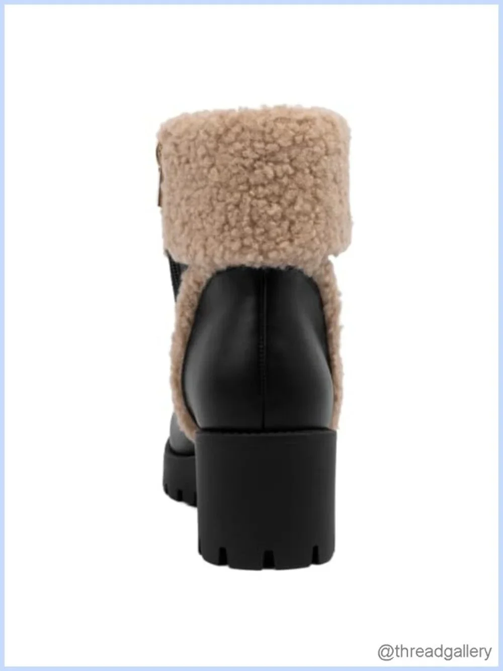 Chunky Heel Vegan Leather Ankle Booties with Faux Shearling Cuff - Warm Winter